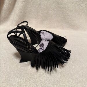Azalea Black Fringe Wedge Sandals Size 9